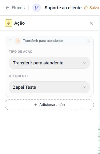 Configuração do bloco Ação com transferência para um atendente de teste