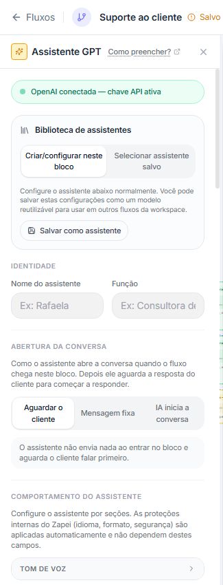 Configuração do bloco Assistente GPT com identidade e abertura da conversa
