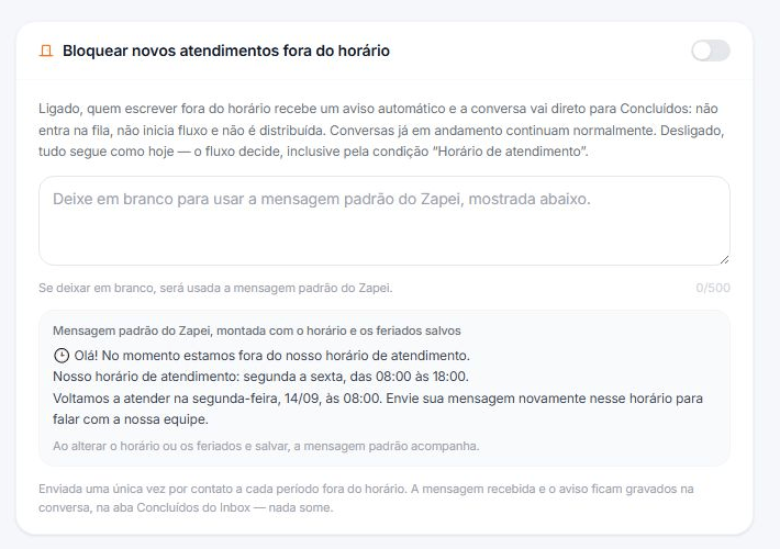 Seção Bloquear novos atendimentos fora do horário com o interruptor