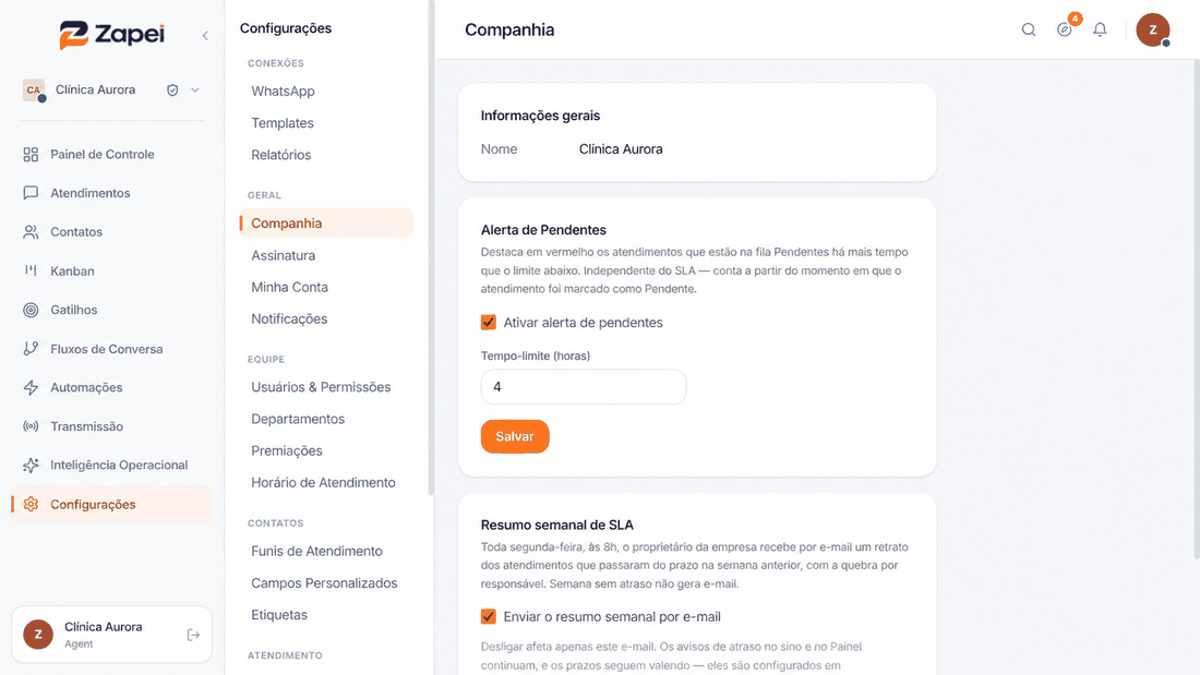 Configurações da Companhia com alerta de pendentes
