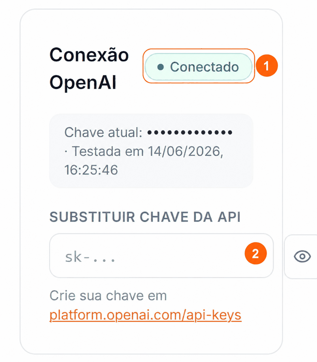 Cartão Conexão OpenAI com o estado da conexão e o campo para substituir a chave numerados