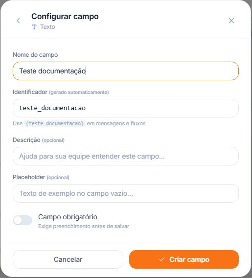 Janela Configurar campo com nome, identificador gerado automaticamente, campos opcionais e botão Criar campo