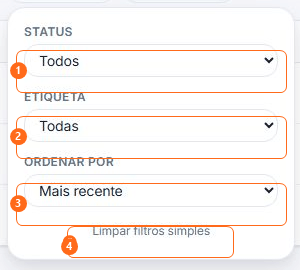 Filtros rápidos de status, etiqueta e ordenação numerados