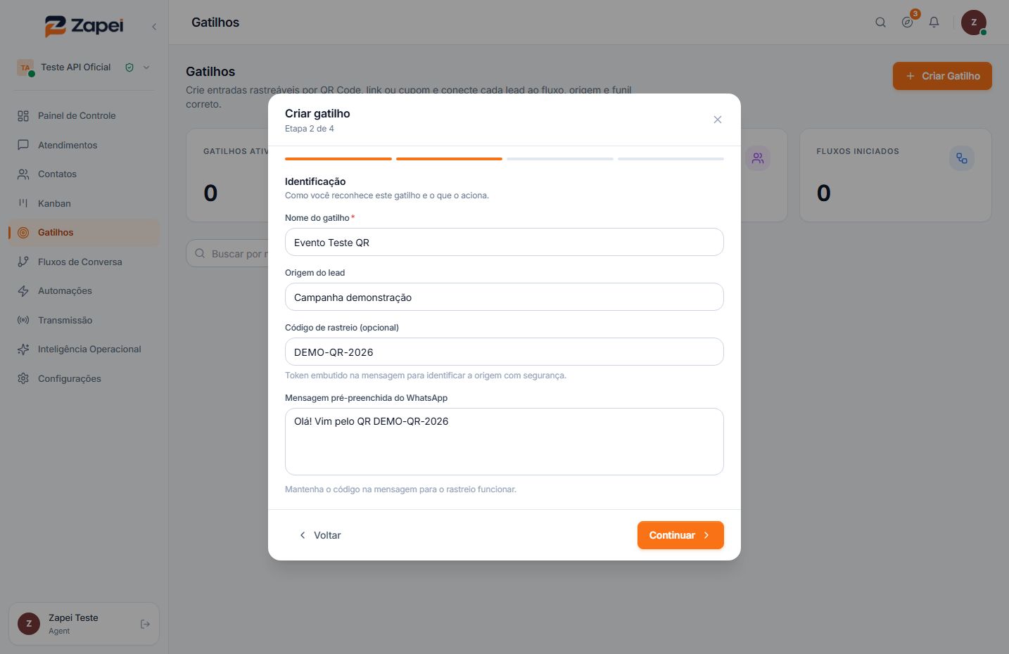 Formulário de identificação de um Gatilho de teste com origem, código e mensagem fictícios