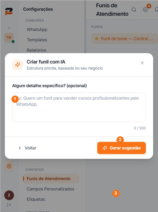 Campo de orientação adicional e botão Gerar funil com IA