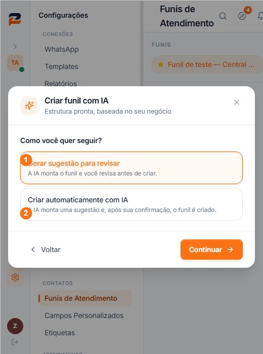 Escolha do modo de criação do Funil de Atendimento com IA