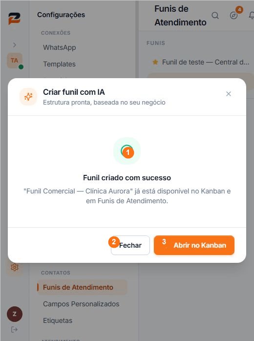 Confirmação da criação com os botões Fechar e Abrir no Kanban