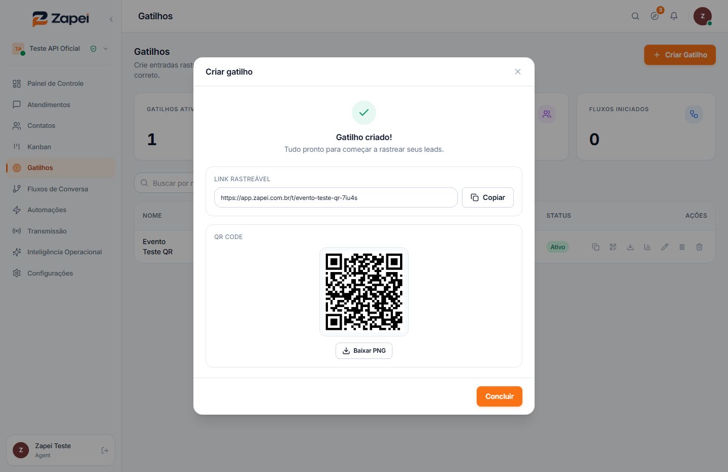 Confirmação de Gatilho criado com Link rastreável e QR Code