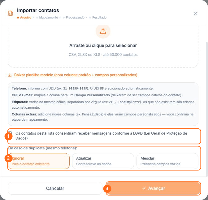 Consentimento LGPD, tratamento de duplicatas e botão Avançar numerados