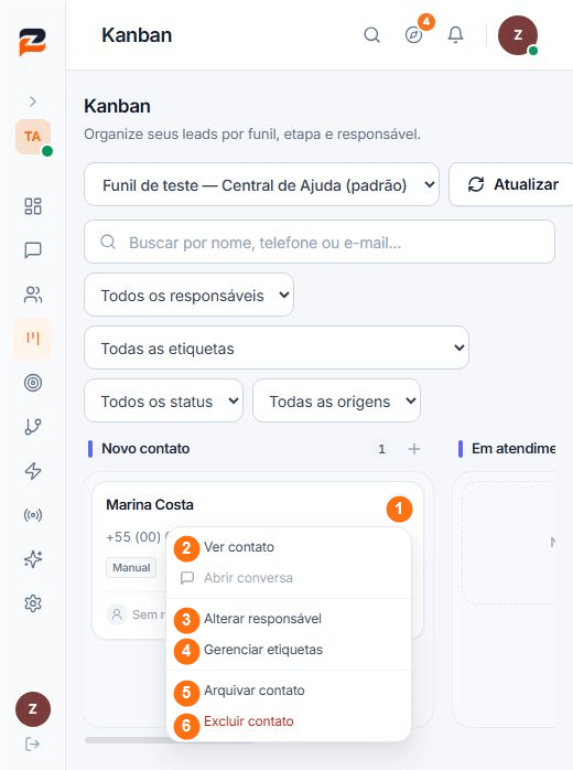 Menu de ações de um card fictício no Kanban