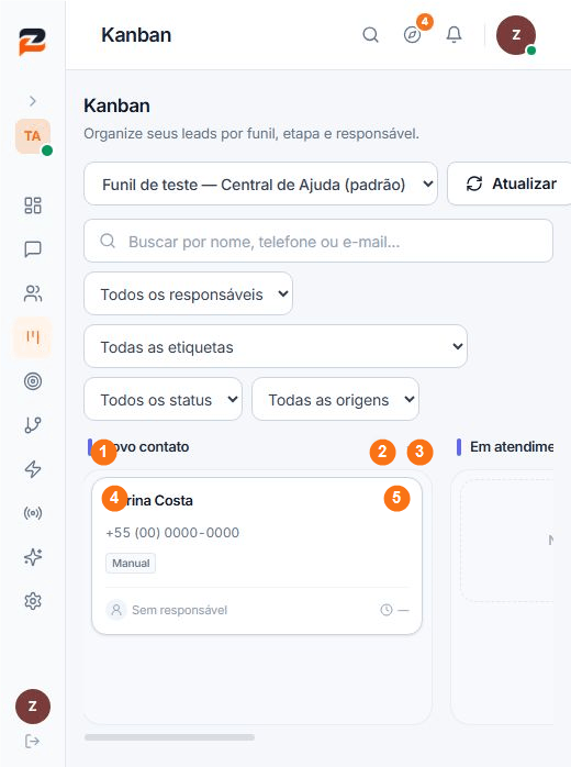 Card de um Contato fictício criado diretamente no Kanban