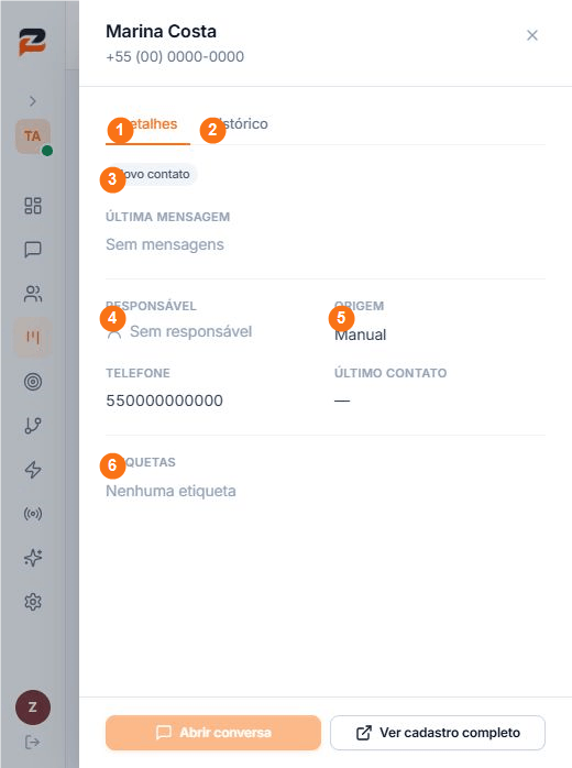Painel de detalhes de um Contato fictício no Kanban