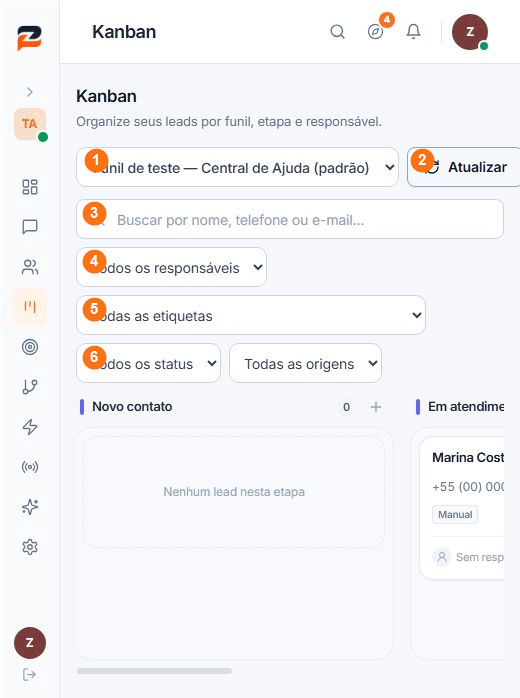 Tela do Kanban com o seletor de Funil de Atendimento e os filtros numerados