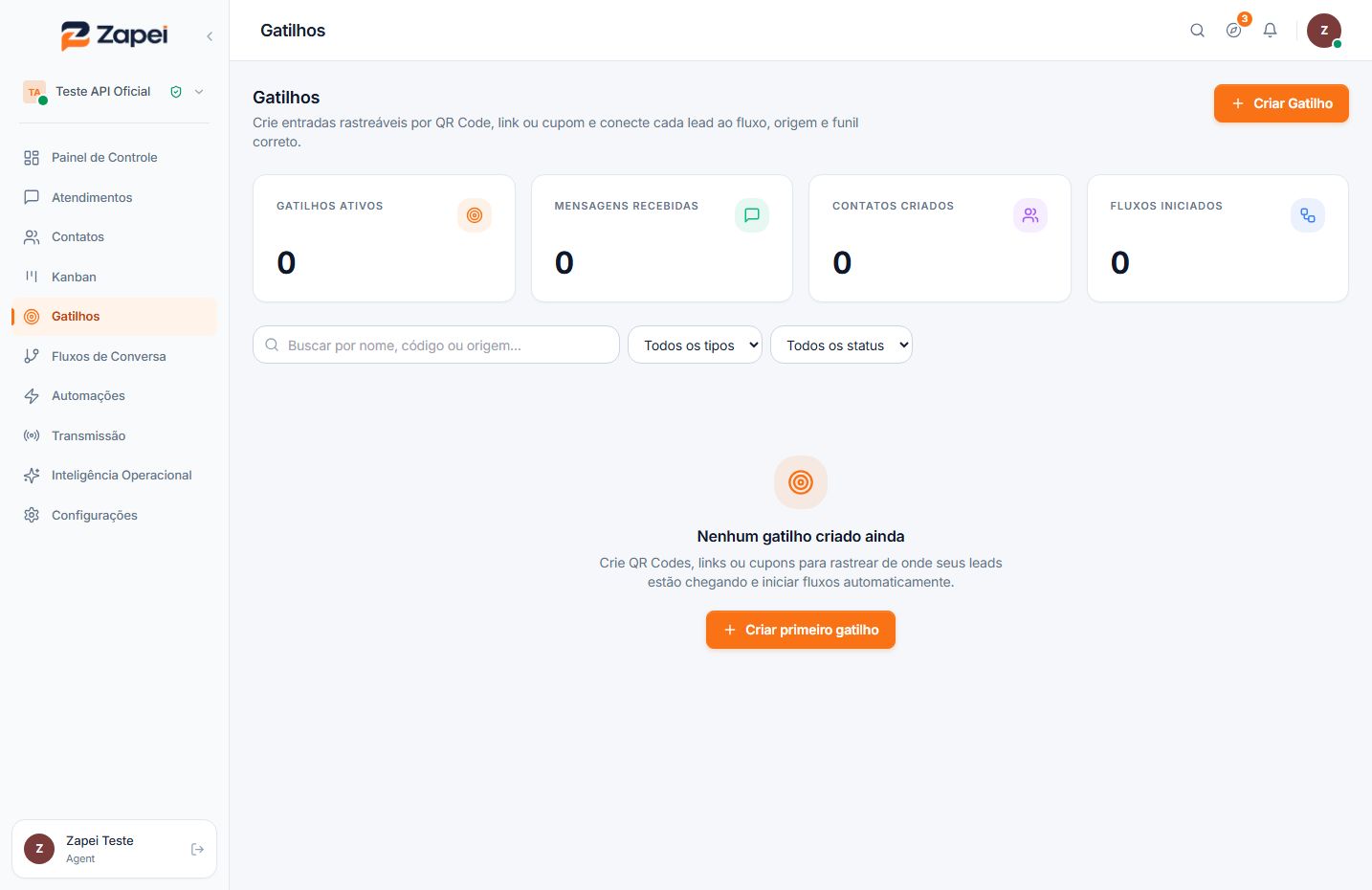Tela de Gatilhos com indicadores, busca, filtros e estado vazio