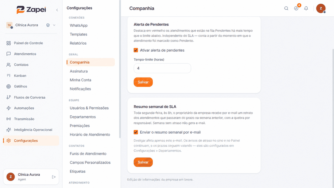 Configuração do resumo semanal de SLA