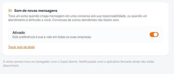Seção Som de novas mensagens com o interruptor e o botão de teste