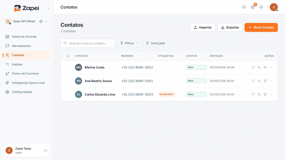 Tela de Contatos com busca, filtros, ações e dados fictícios